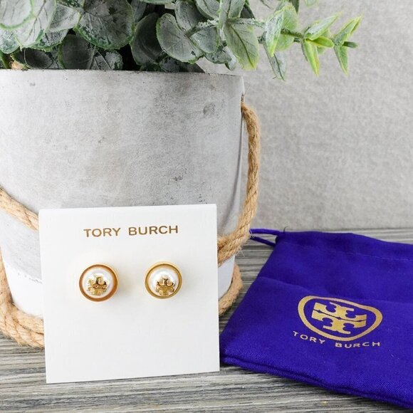 Tory Burch Melodie Pearl Logo Stud Dome Earrings White/Gold OS - Picture 8 of 12